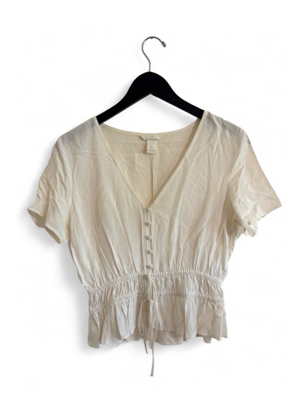 H&M White Cropped V-Neck Button Front Short Sleeve Blouse | US 4 | Women’s